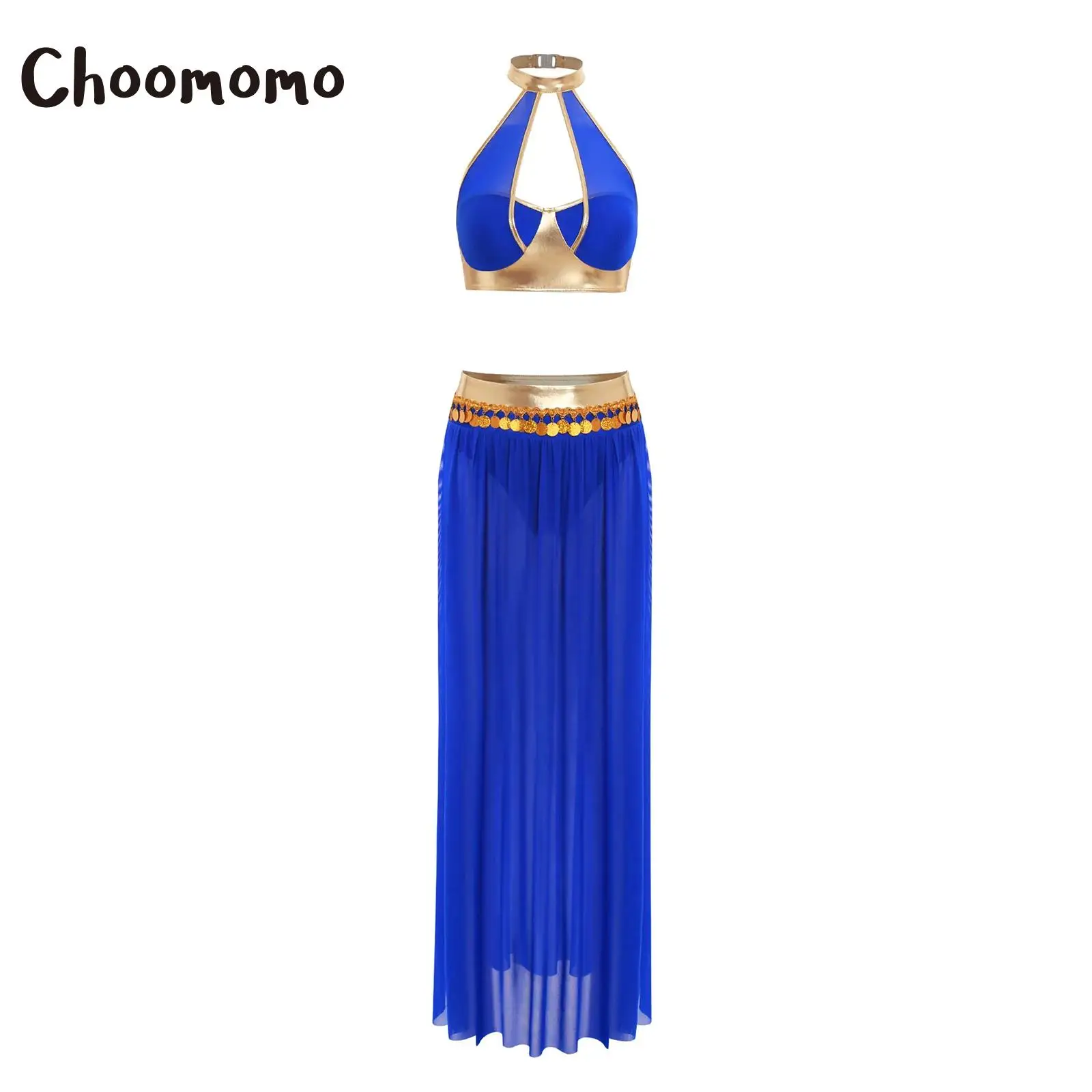 Kostium Kleopatry dla kobiet, przebranie starożytnego Rzymu, egipski crop top i metaliczna spódnica z frędzlami i rozcięciem z siateczki, strój na Halloween, taniec brzucha.