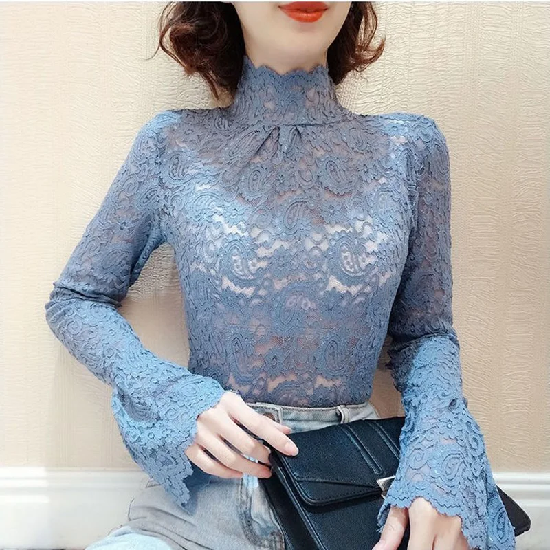 Elegant Turtleneck Ruffles Hollow Out Lace Blouse WomenClothing 2023 Autumn New Casual Pullovers Flare Sleeve Office Lady Shirt