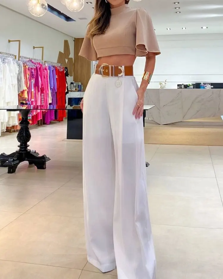 

Two Piece Set Women Outfit 2024 Summer Solid Color Mock Neck Short Sleeved Backless Crop Top & High Waist Wide Leg Pants Set