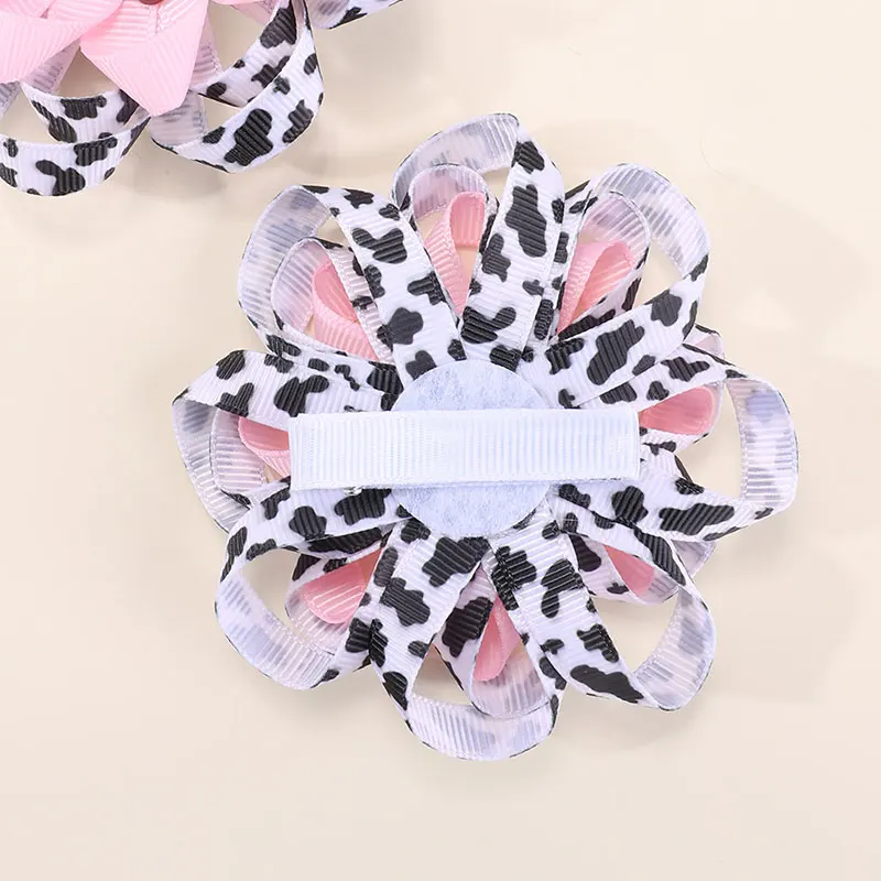 2Pcs Cute Cow Hairpins For Kids Sweet Ribbon Print Baseball Hair Clips Boutique Flower Barrettes Headwear Kids Hair Accessories