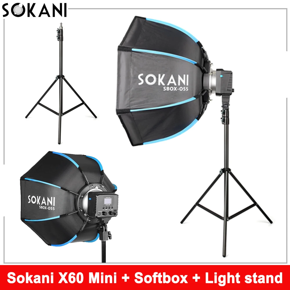 Sokani X60 Mini 60W RGB LED Video Light with 55cm Octagon Softbox and 2M Light Stand Bowens Mount for Photography Video Recordin