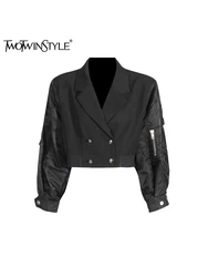 TWOTWINSTYLE Hit Color Spliced Pocket Jackets For Women Notched Collar Long Sleeve Patchwork Double Breasted Short Coats Female