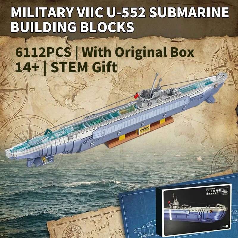 Klemmbausteine Militärisches Deutsches U-Boot VIIC U-552 Baukasten WW2 Großes U-Boot Schlachtschiff Kriegsschiff Ziegelstein-Modellbausatz Jungen Spielzeug Erwachsene Kinder DIY Heimdekoration