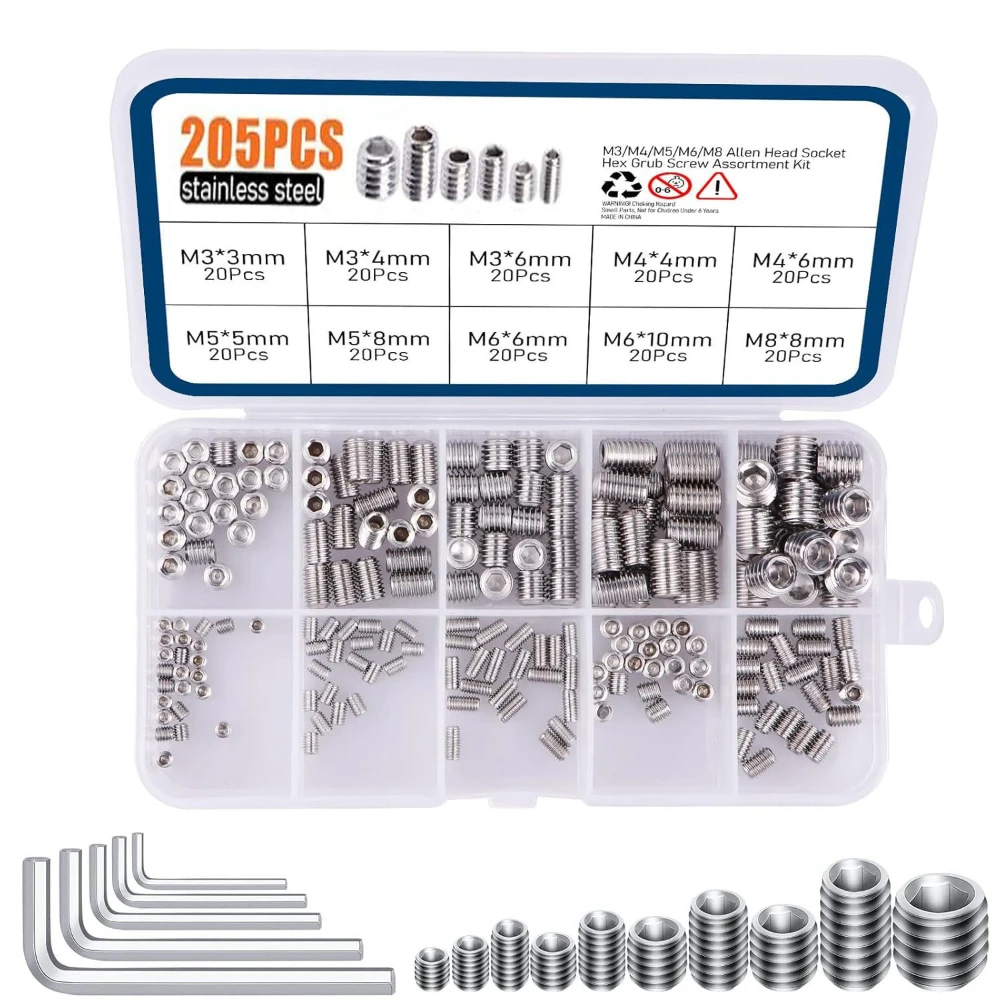 

200pcs M3 M4 M5 M6 M8 Concave-end Locking Screw Set 304 Stainless Steel DIN916 Concave-end Machine Screws Toy Screw Accessories