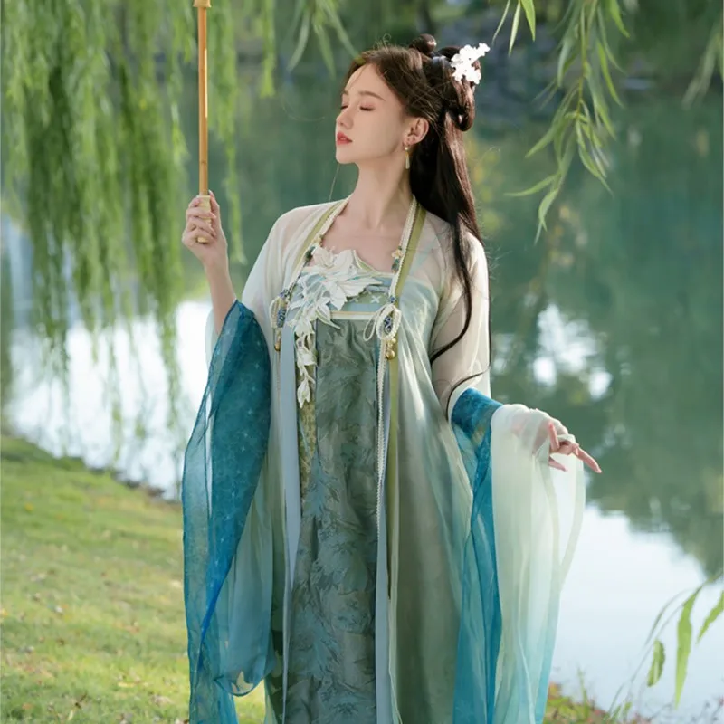 New Chinese Style Early Green Big Sleeve Shirt Embroidered Chest Dress Hanfu Women