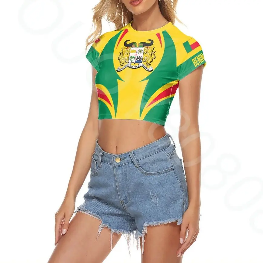 African Region Ladies Clothing Printed Slim Top T-Shirt - Benin Action Flag Ladies Raglan Cropped T-Shirt