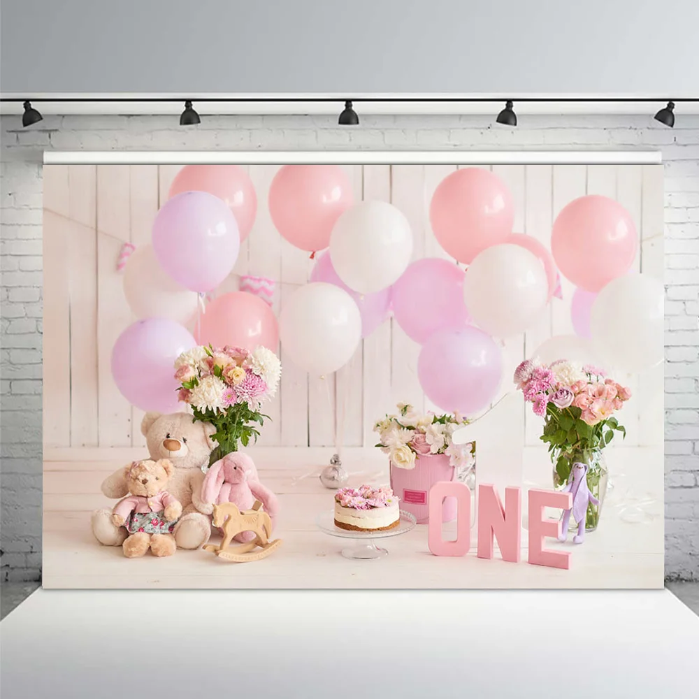 7X5FT Cute Teddy Bear Oh Baby Shower Balloons Happy Birthday Party One Custom Photo Backdrop Background Vinyl 220cm X 150cm