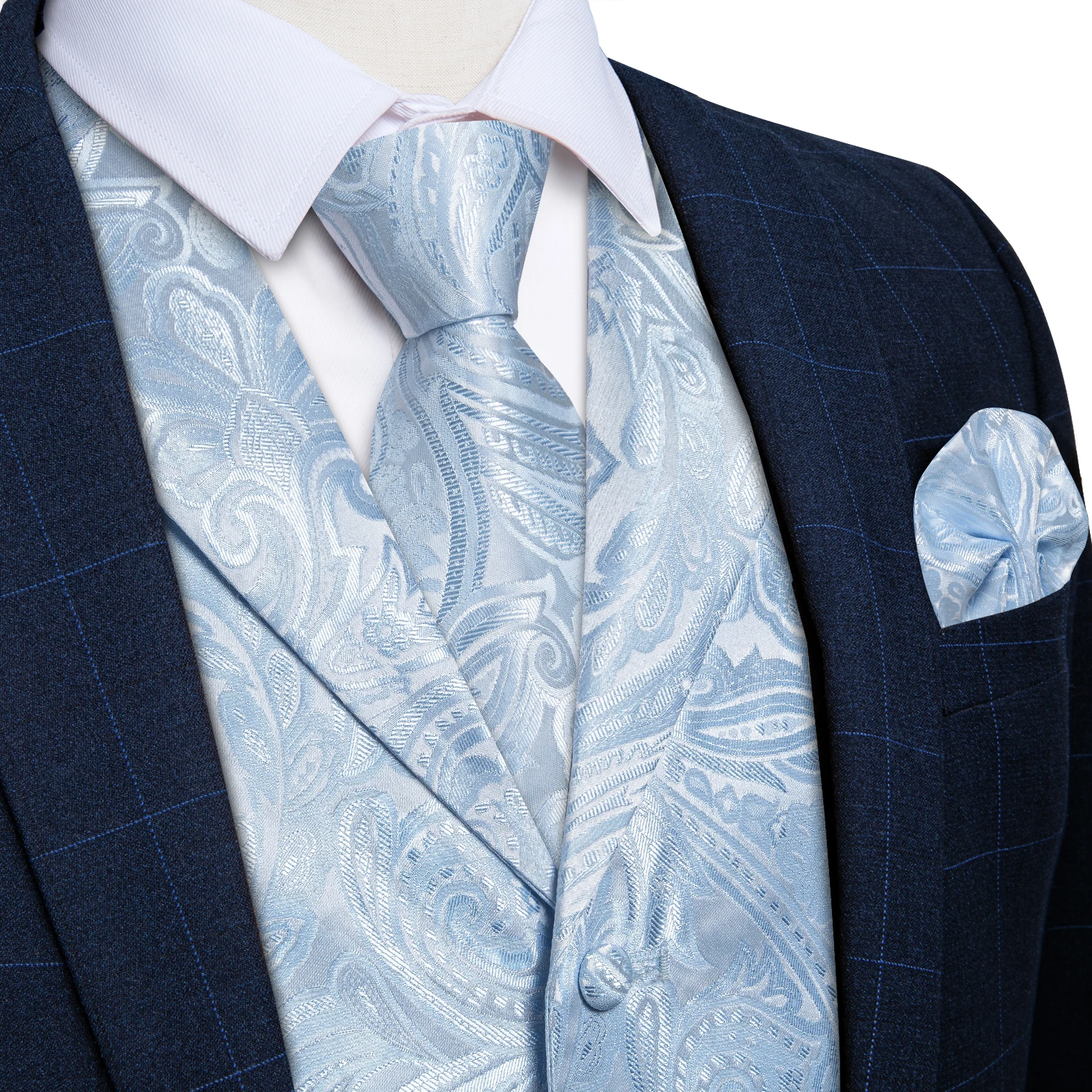 New Arrival Light Blue Men\'s Vest for Business Party Groom Wedding Paisley Waistcoat Handkerchief Cufflinks Set for Man Tuxdo