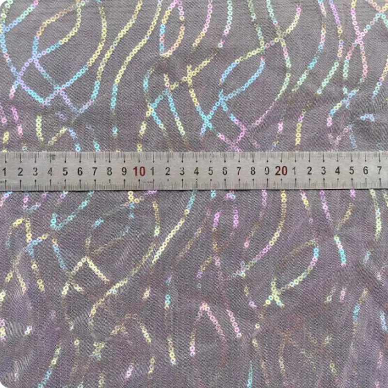 Tela de malla de arcoíris de rayas coloridas con lentejuelas de cadena de estampado en caliente, Material de nailon suave para proyectos de bricolaje de vestidos infantiles