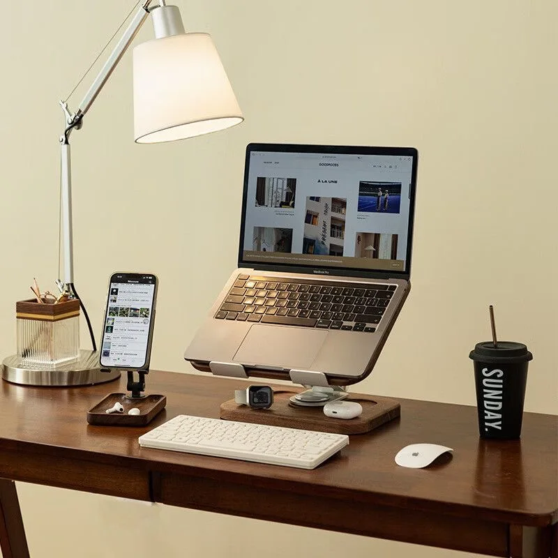 Wooden rotating desktop shelf computer tablet stand artifact
