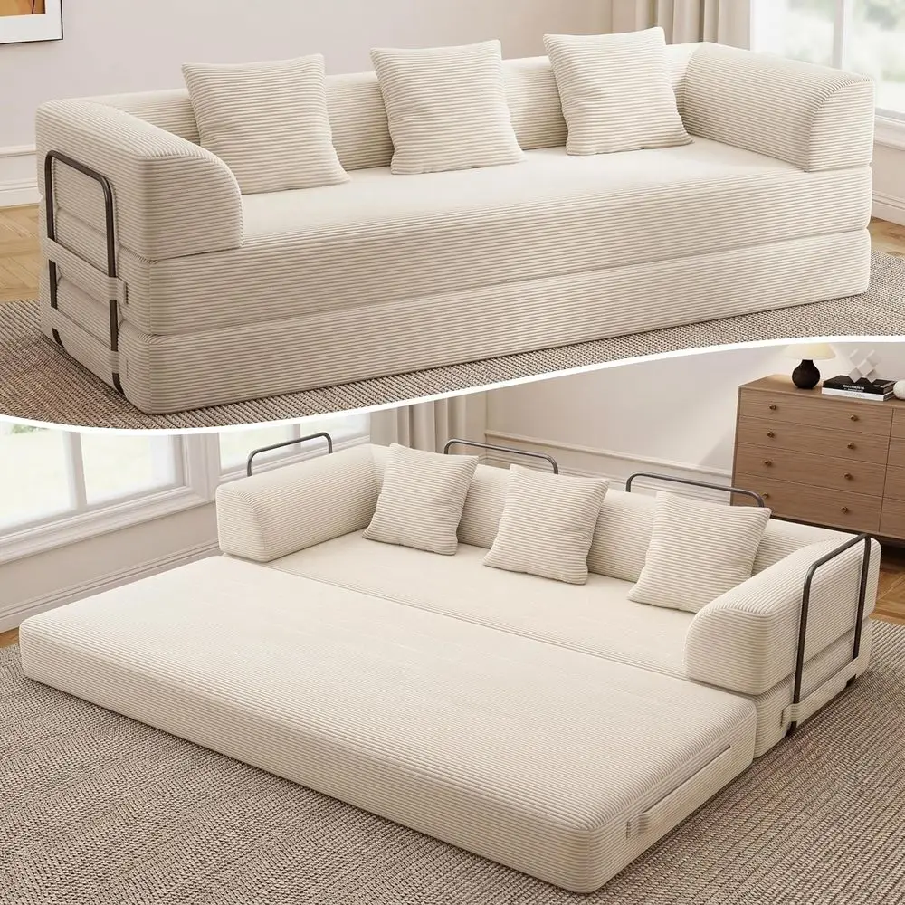 

Convertible Sofa Bed with 5-in-1 Functionality, High-Density Sponge, Corduroy Fabric, 3 Seater Sleeper Couch, Suitable for Daybe