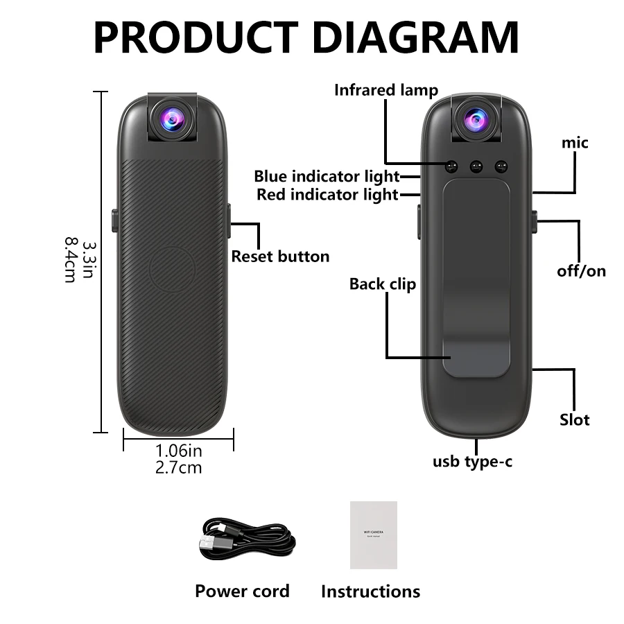 كاميرا صغيرة 1080P مع رؤية ليلية بالأشعة تحت الحمراء كاميرا مراقبة للمنزل محمولة كشف الحركة اتصال داخلي صوتي ثنائي الاتجاه