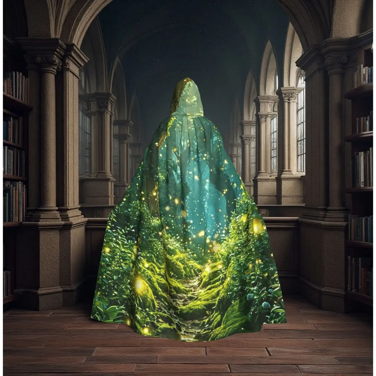 Capa Larga con Capucha de Esmeralda Brillante, Bosque Encantado Mágico, Diosa Vikinga, Disfraz Medieval de Bruja, Capa de Cosplay, Halloween, Vampiro