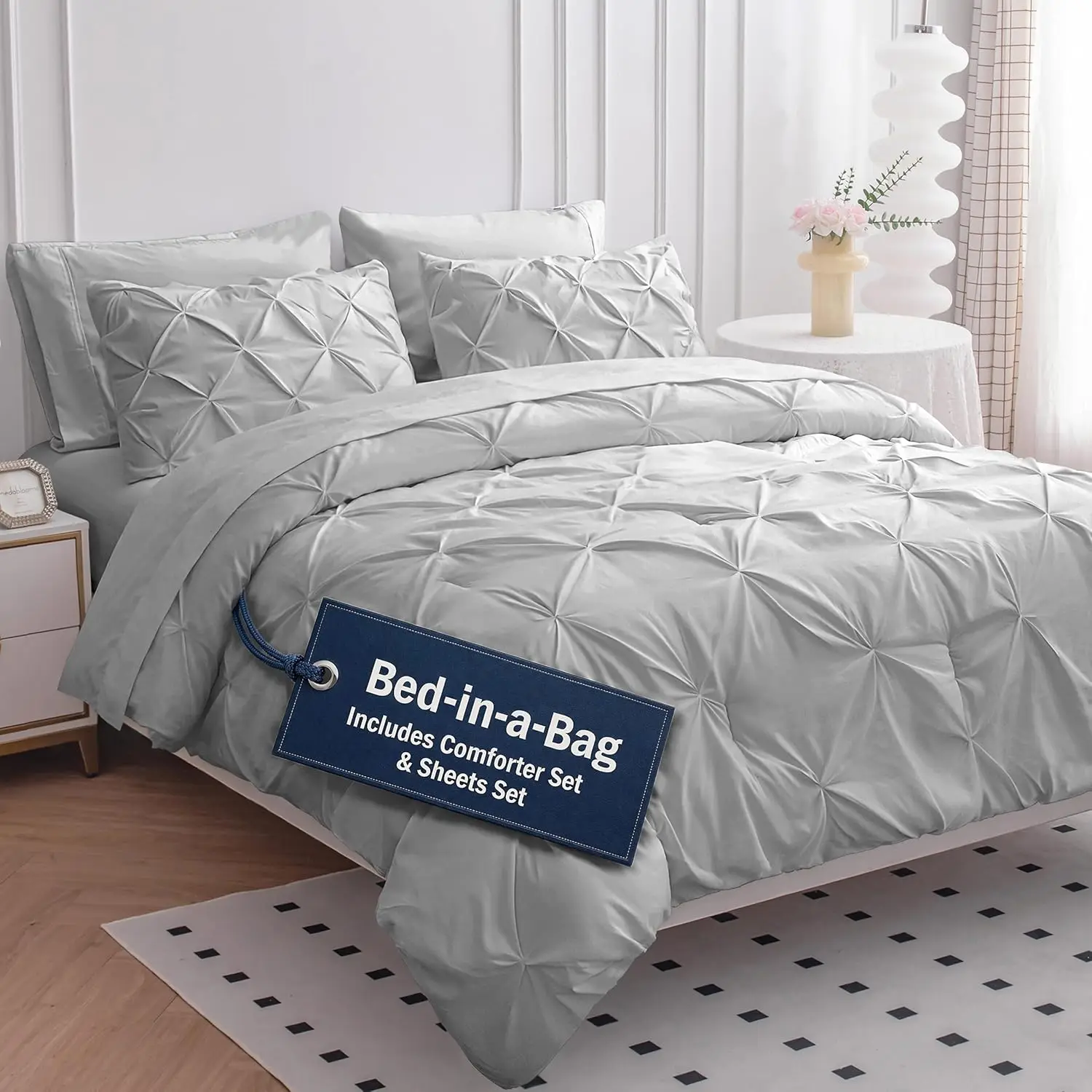 

California King Bedding Set 7 Piece - Hotel Style Pintuck Bed in a Bag with Comforter, Sheets, Pillowcases & Shams - All Season
