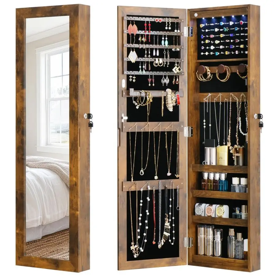 

Full Length Mirror Jewelry Cabinet Organizer Lockable Door WallMounted Jewelry Armoire with Shelves and Behind the Door Storage
