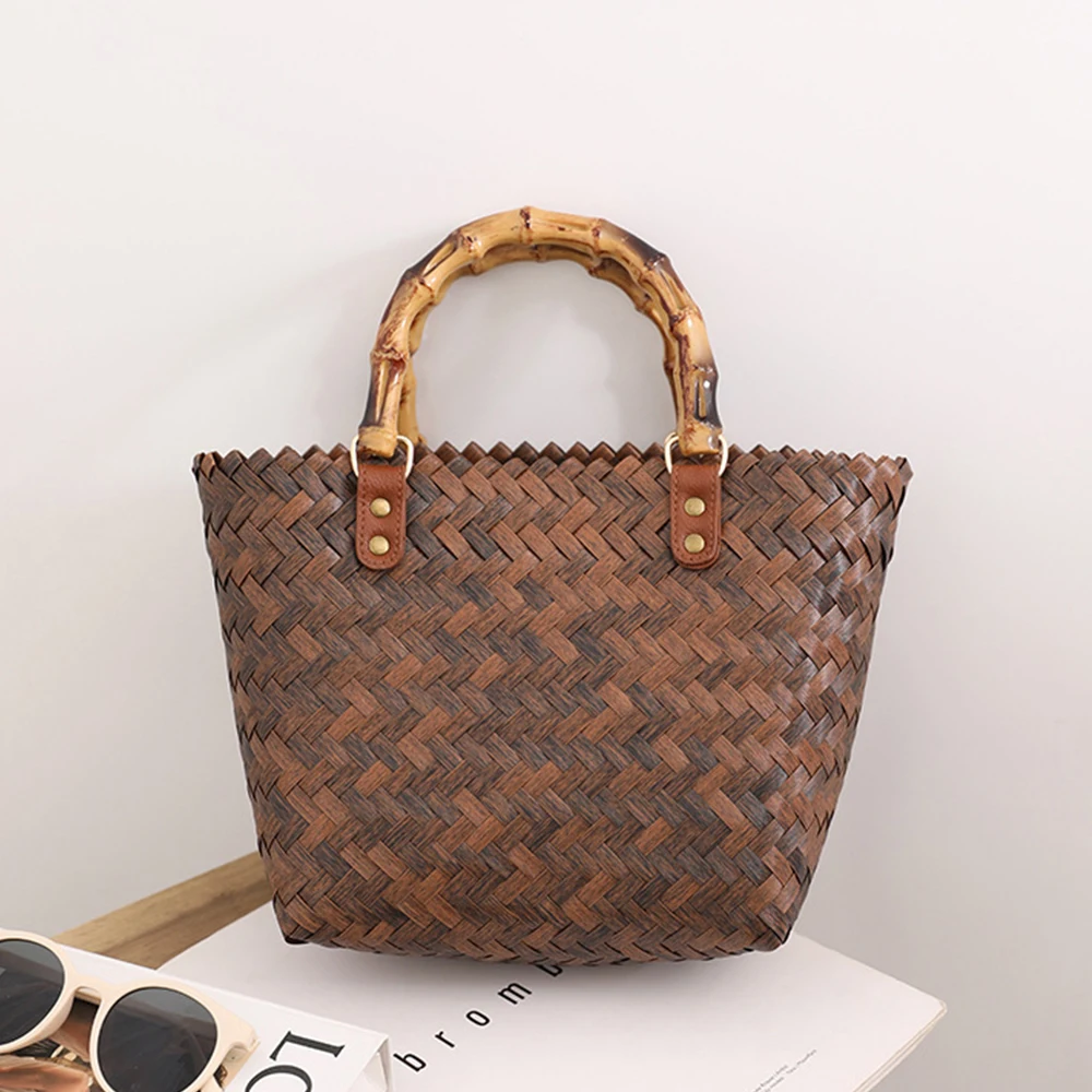 Moda Tecido Beach Basket Bag Bolsas Femininas Boho Bambu Handle Straw Bags para As Mulheres 2023 Rattan Bag Feminino Tote Purse Clutch