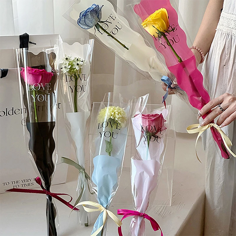 【F】50 Stück schillernde Einzelrosenhüllen zum Selbermachen, transparente Blumenverpackungstasche, Blumenmaterial, Verpackung, wasserdicht