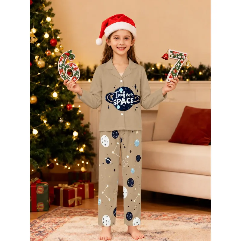 Girls Lapel Pajama Set Long Sleeve Nightwear, Assorted Space Game Koala Cat Banana Prints, Perfect Birthday Xmas Gift