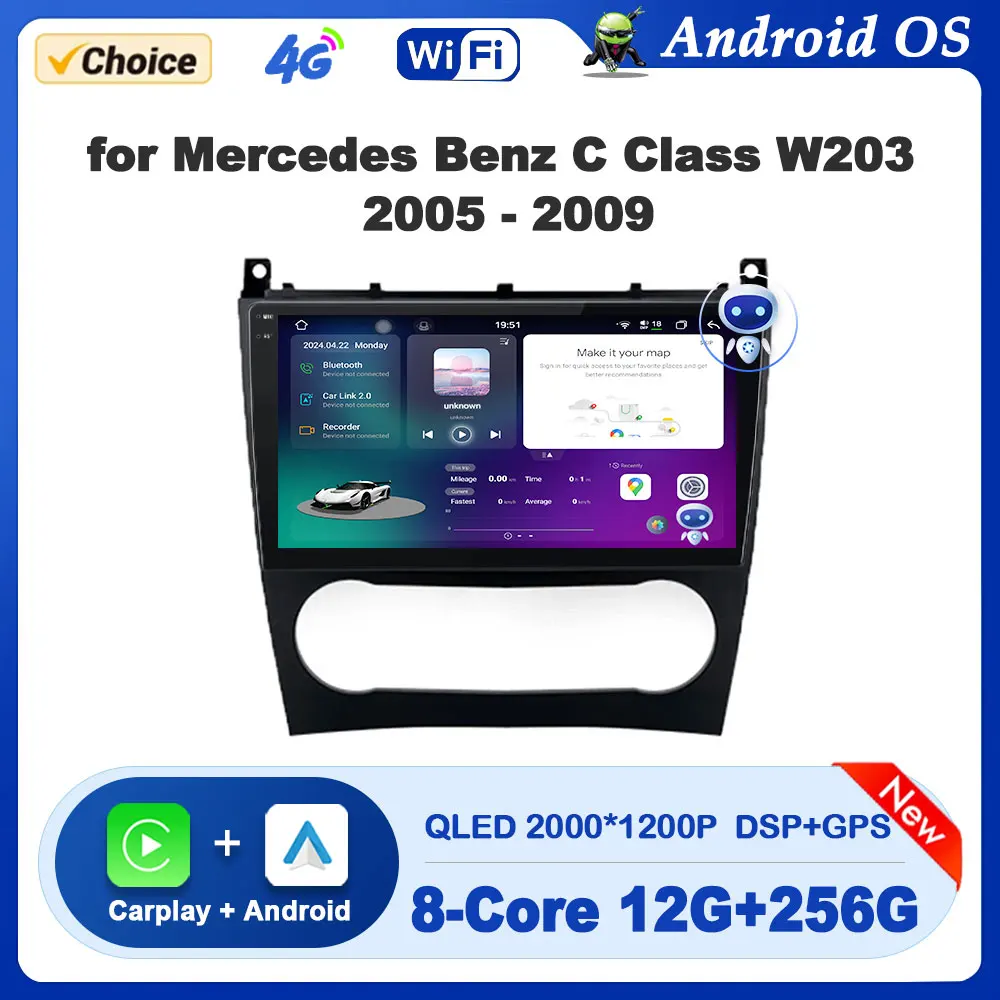 Android OS 9 Zoll DSP Stereo BT für Mercedes Benz C-Klasse W203 2005–2009 Autoradio Multimedia Player GPS-Navigation HD-Bildschirm