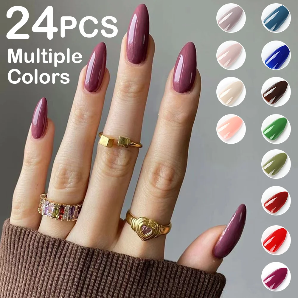 

24Pcs Pure Color Press On Nails Multiple Color Long Almond False Nails Autumn Glossy Detachable Covered Nail Tips Christmas