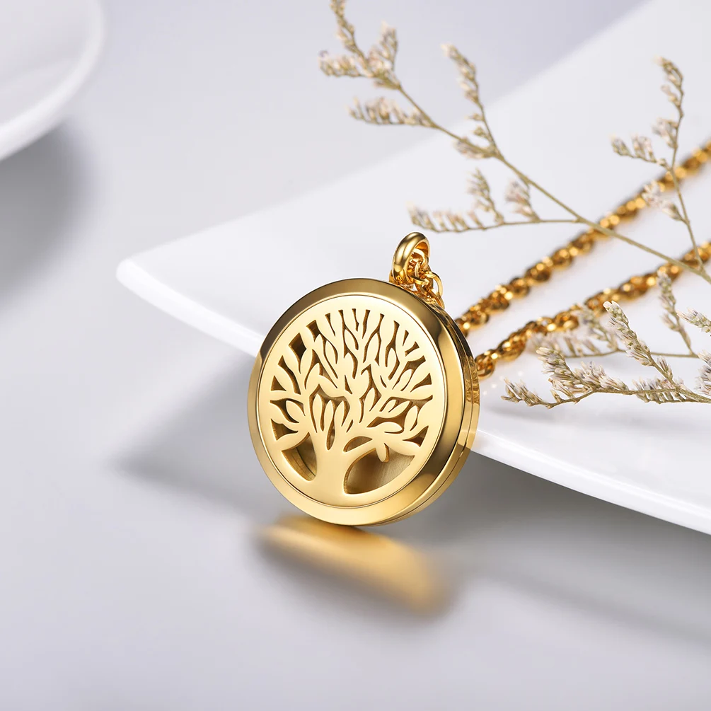 PROSTEEL Valentine Necklace Tree of Life Stainless Steel Locket Essential Oil Diffuser Perfume Pendant Gold/Black Plated PSP2960