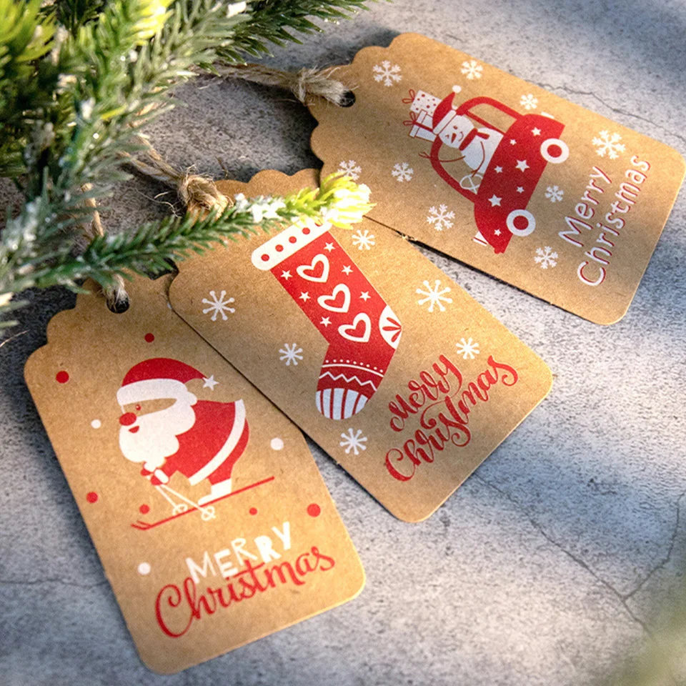 50PCS Christmas Kraft Paper Tags Carton Xmas Tree/Santa Claus Printed Crafts Hanging Labels for Noel Navidad Gifts Wrapping image 4