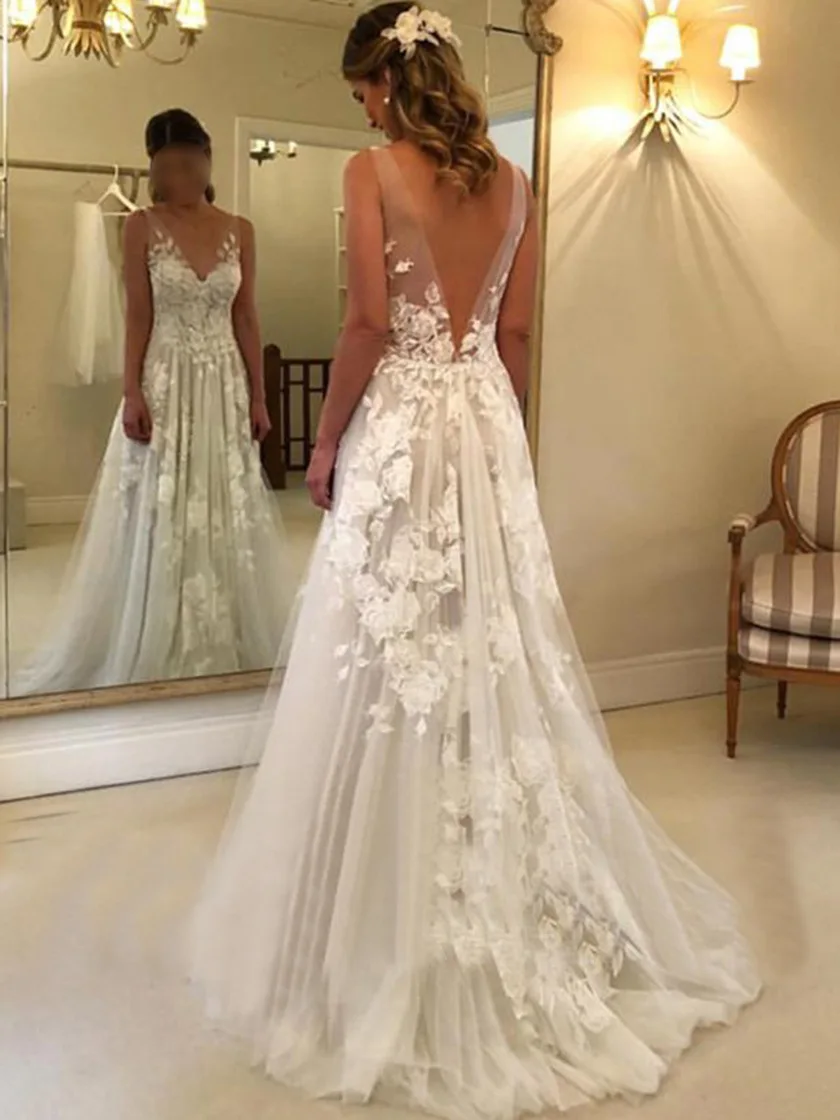 VENSANAC Flowers Backless Tulle A Line Wedding Dress Appliques Deep V Neck Lace Sweep Train Bridal Gowns