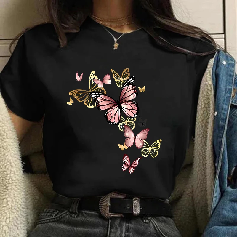 Gele vlinder grafisch T-shirt korte mouw crew casual zomer lente dameskleding top tee dameskleding