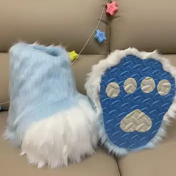 2024 毛絨服 Cosplay 爪子鞋 毛茸茸 Cosplay 兔耳貓靴 可愛蓬鬆動物漫畫派對 Cos 可穿戴男女通用服裝 6 最佳銷售 毛絨服腳套 - №1