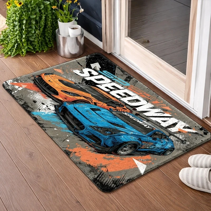 VIKAMA Speedway Racing Sports Car Doormat Graffiti Two Race Car Print Non Slip Water Absorbent Floor Mat Cool Boy Man Cave Garag