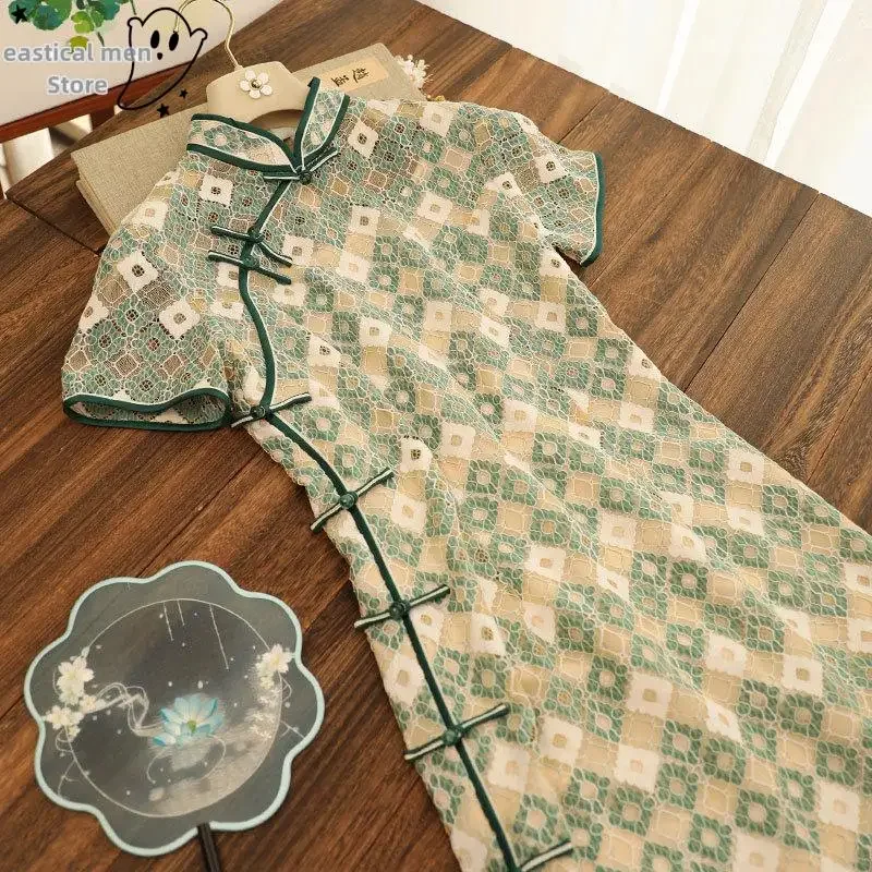 

Улучшенное платье в китайском стиле, кружевное платье Chesongam с цветочным принтом, зеленое клетчатое платье Qipao, длинное элегантное платье, вечернее платье