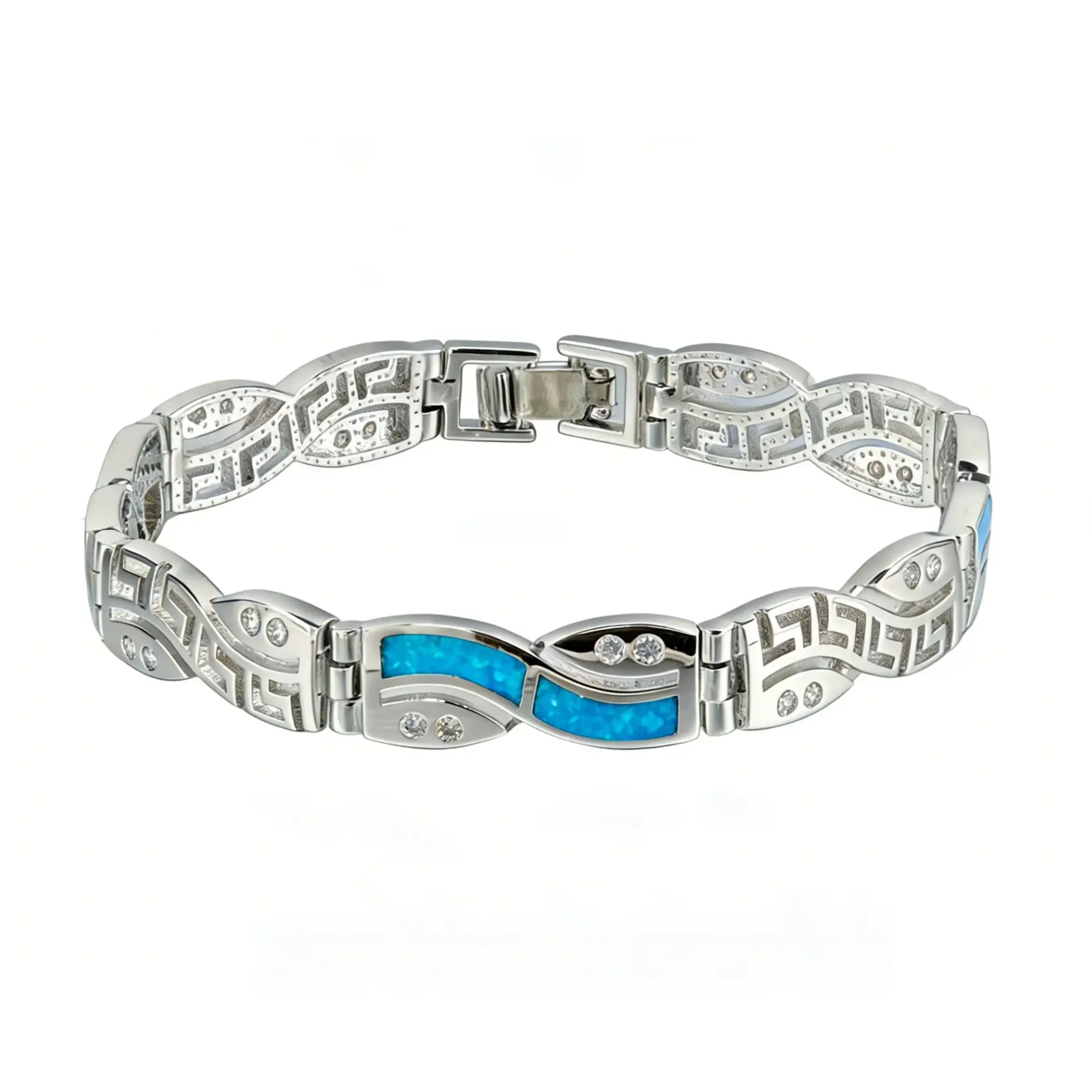 

Blue Opal Inlay Bracelet with Greek Key Pattern – Vibrant Blue Gemstone Geometric Statement Band for Women Perfect Gift for Her