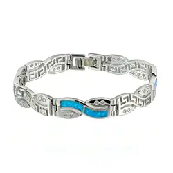 Blue Opal Inlay Bracelet with Greek Key Pattern – Vibrant Blue Gemstone Geometric Statement Band for Women Perfect Gift for Her
