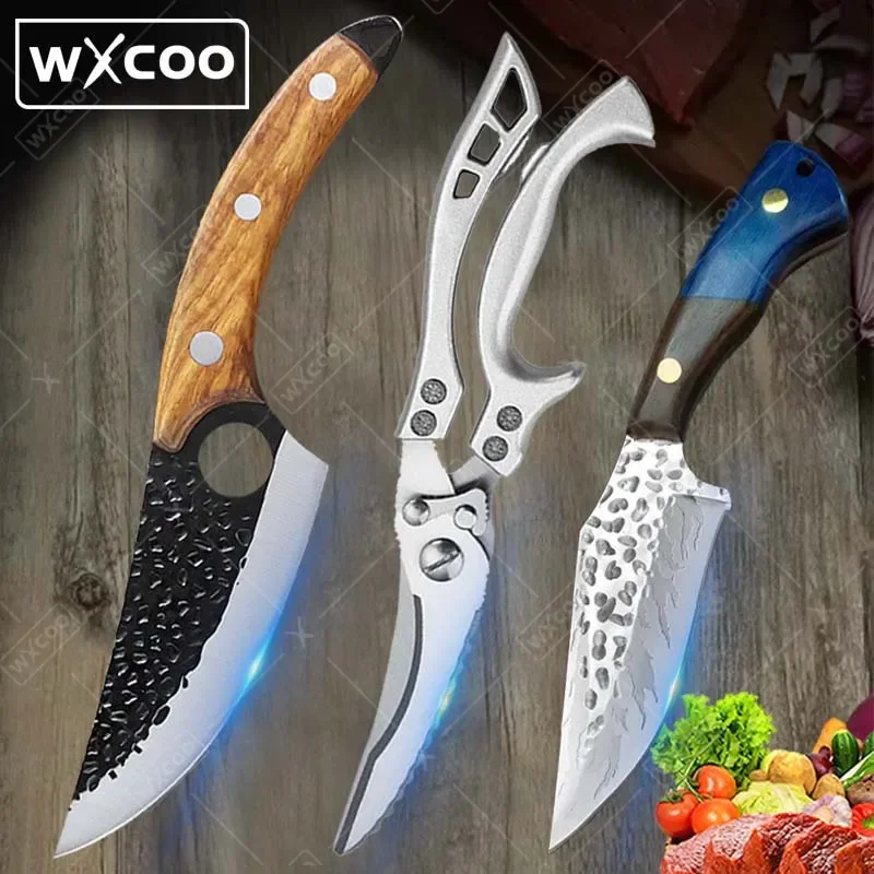 

3PCS, Kitchen Knife Set, Hand-forged Kitchen Boning Knife Professional Vegetable Fruit Cutter Fishes Slicing Kitchen Scissors