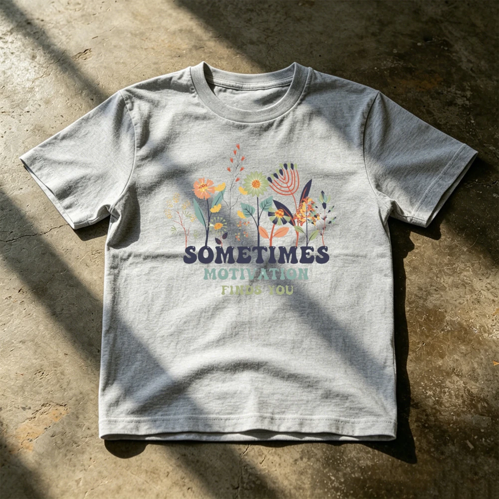 T-shirt pour hommes avec citation florale et graphique « Parfois, la motivation vous trouve », vêtements pour les amoureux de la nature, vêtements de méditation pour une mentalité paisible
