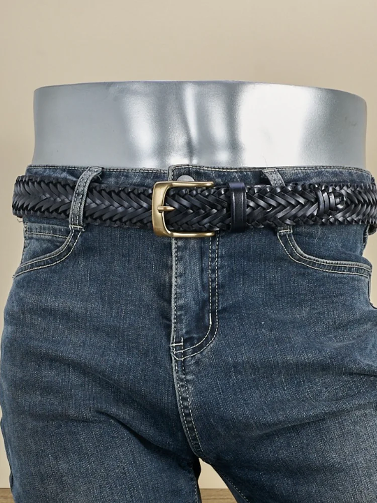 Men New Square Copper Buckle Belt Vintage Weave Unisex Strap For Jeans Width 3.5cm Real Cowhide Genuine Leather Belts