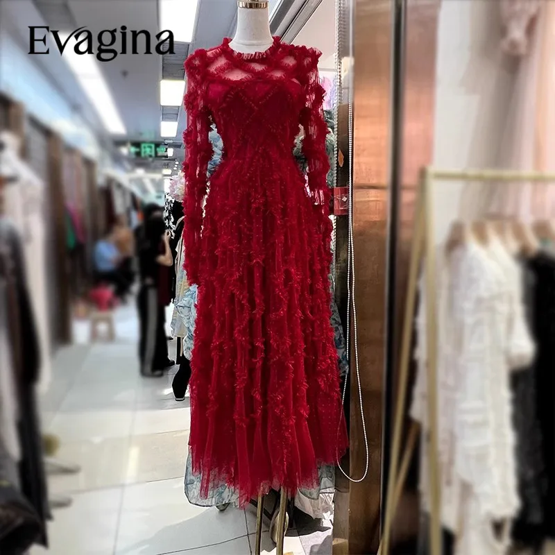 

Evagina New Fashion Runway Designer Women's Sexy Perspective Ruffle Edge Splicing Red Lace Leisure Dress