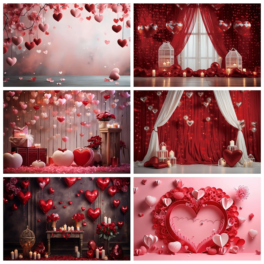 February 14 Valentine\'s Day Backdrop Romantic Valentine Scenes Red Love Heart Floral Wedding Portrait Photography Background