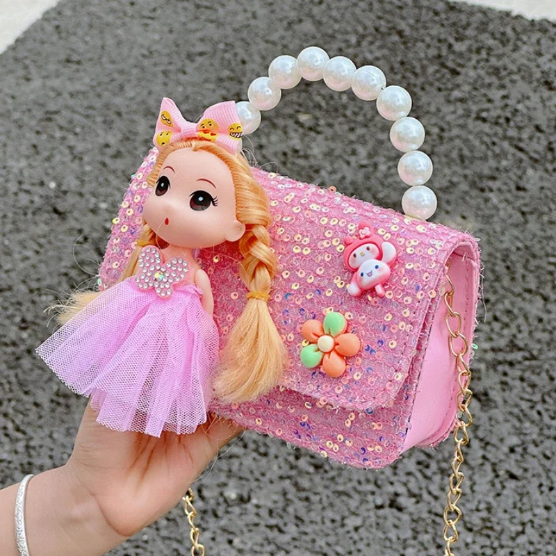 Cute Cartoon Doll Children\'s Shoulder Bags Fashion Pearl Handle Princess Girl Messenger Bag Sweet Novel Kid Change Purse Handbag