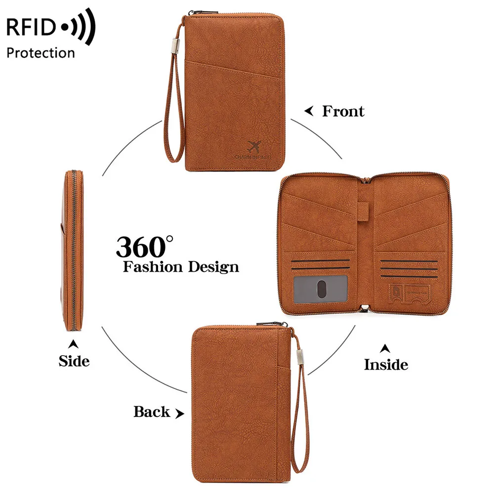 Porta pasaporte multifuncional, cartera con bloqueo RFID, billetera de viaje, organizador de documentos, bolso de mano, tarjetero para mujer