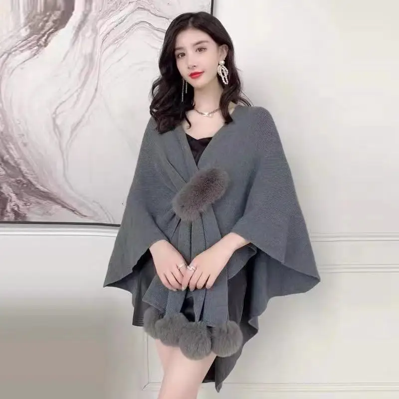 

Autumn Winter New Imitation Wool Ball Cape Knitted Cardigan Irregular Capes Ponchos Women Capes Gray Cloak