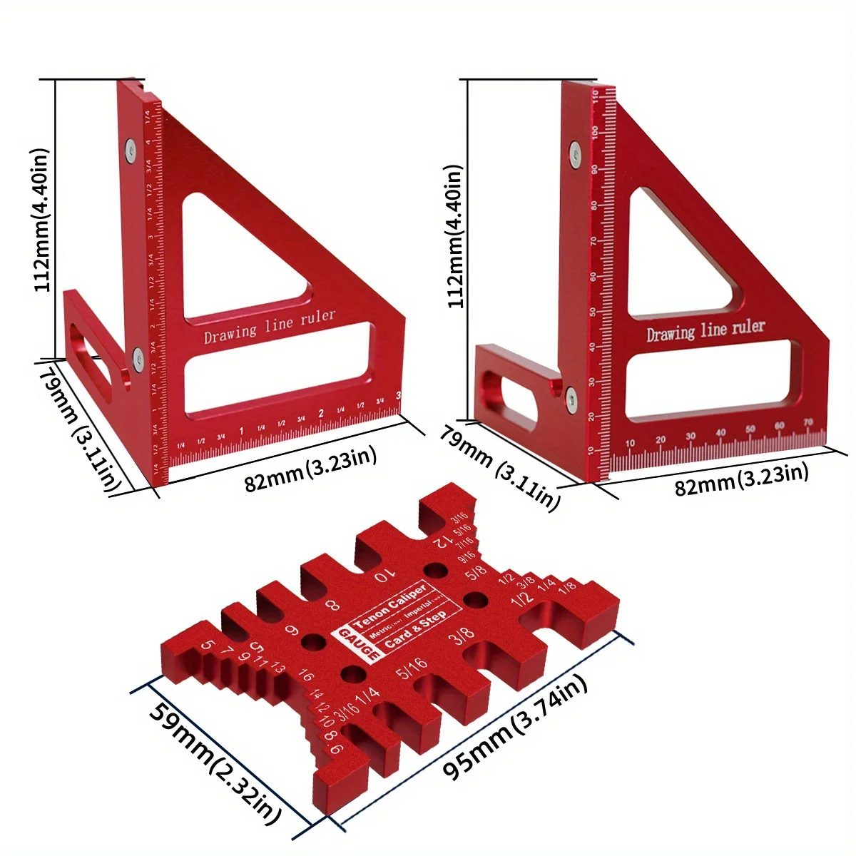 2Pcs Aluminum Square Protractor and Tenon Gaps Gauge Kit - Woodworking Tenon Caliper Dovetail Jig and Miter Triangle Ruler