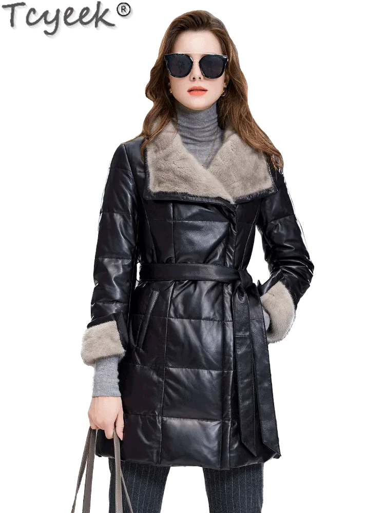 Tcyeek Natural Sheepskin Coats for Woman Real Leather Jacket Women Mink Fur Collar Mid-length Down Coat Winter Clothes Belt 2024