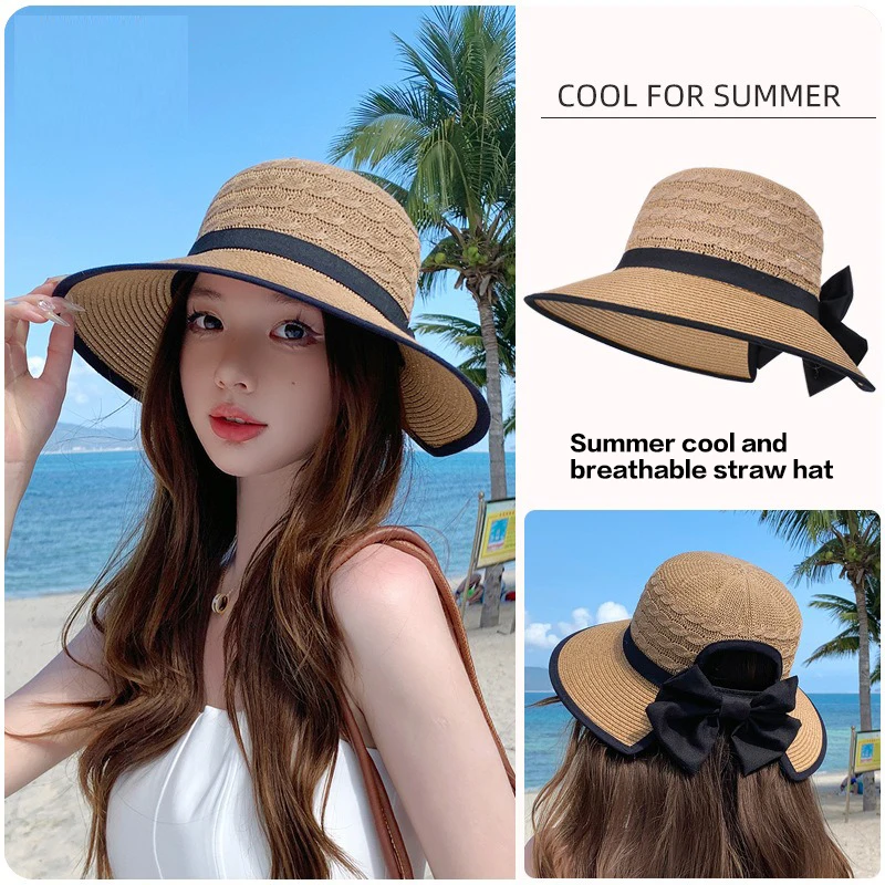 

New Fashion Summer Sun Hat Women Breathable Straw Bucket Hat Ladies Wide Brim Beach Cap Female Big Black Bow Packable Hat