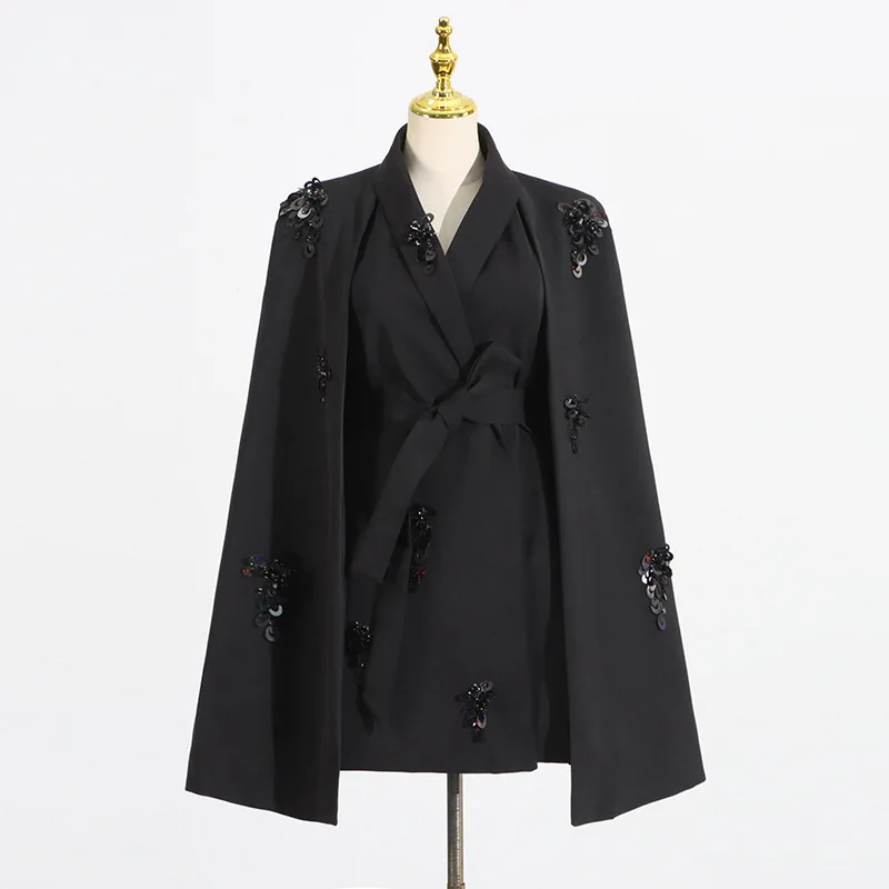 EAEOVNI Luxus Pailletten Gespleißt Design Frauen Jacke Schal Patchwork Gürtel Versammelt Taille Blazer Mantel 2025, Neue Kleidung 1A1015