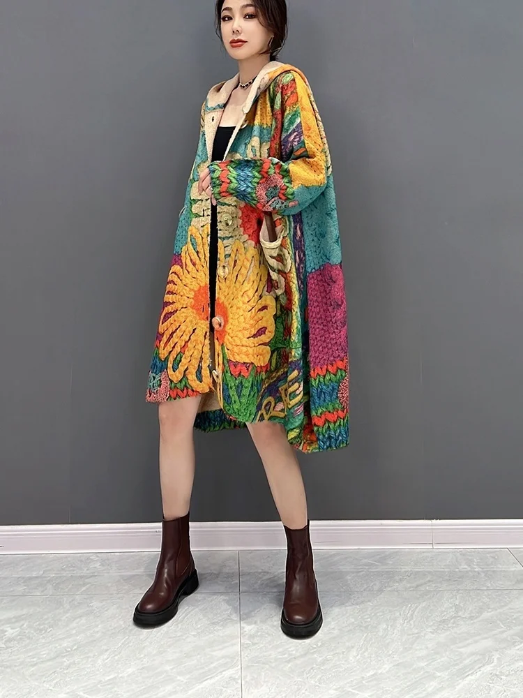 Vefadisa Color 2024 Autumn New Women Printed Sweater Cardigan Hooded Long Sleeve Knit Cardigan Casual All-match Coat ZXY829A