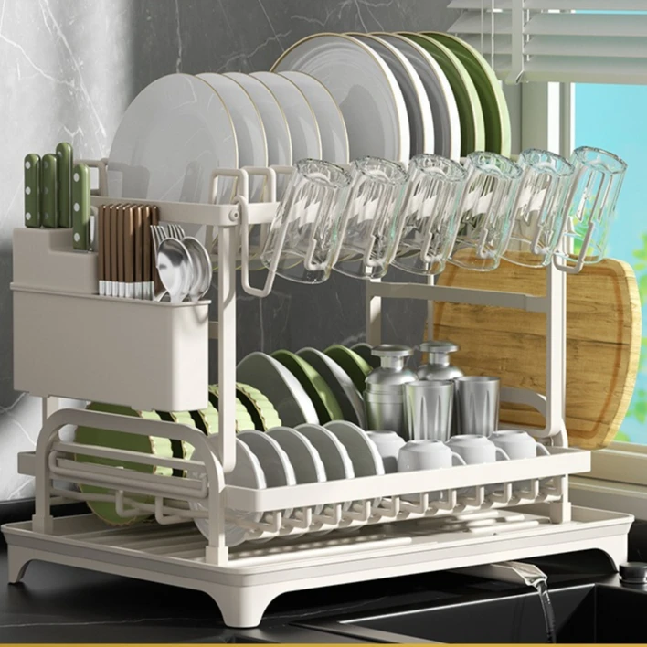 Double-layer Dish Drying and Storage Rack Multifunctional Tabletop Dish Rack for Utensils 360° Extendable Drainage Outlet