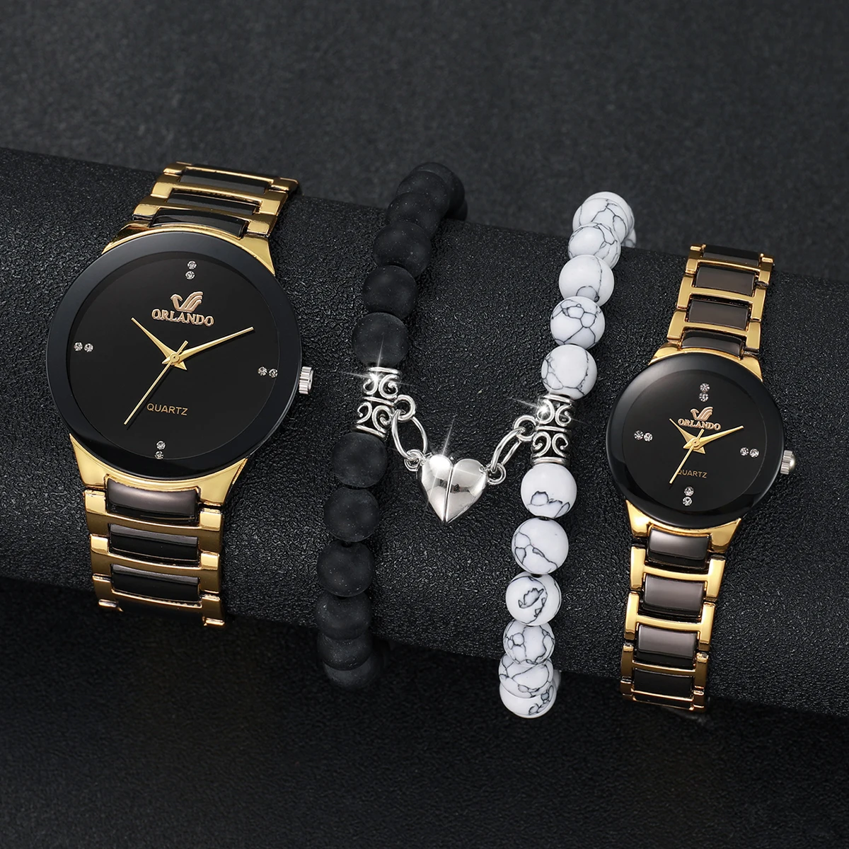 4pcs/set Fashion Couple Stainless Steel Quartz Watch & Black White Stone Bracelet Set