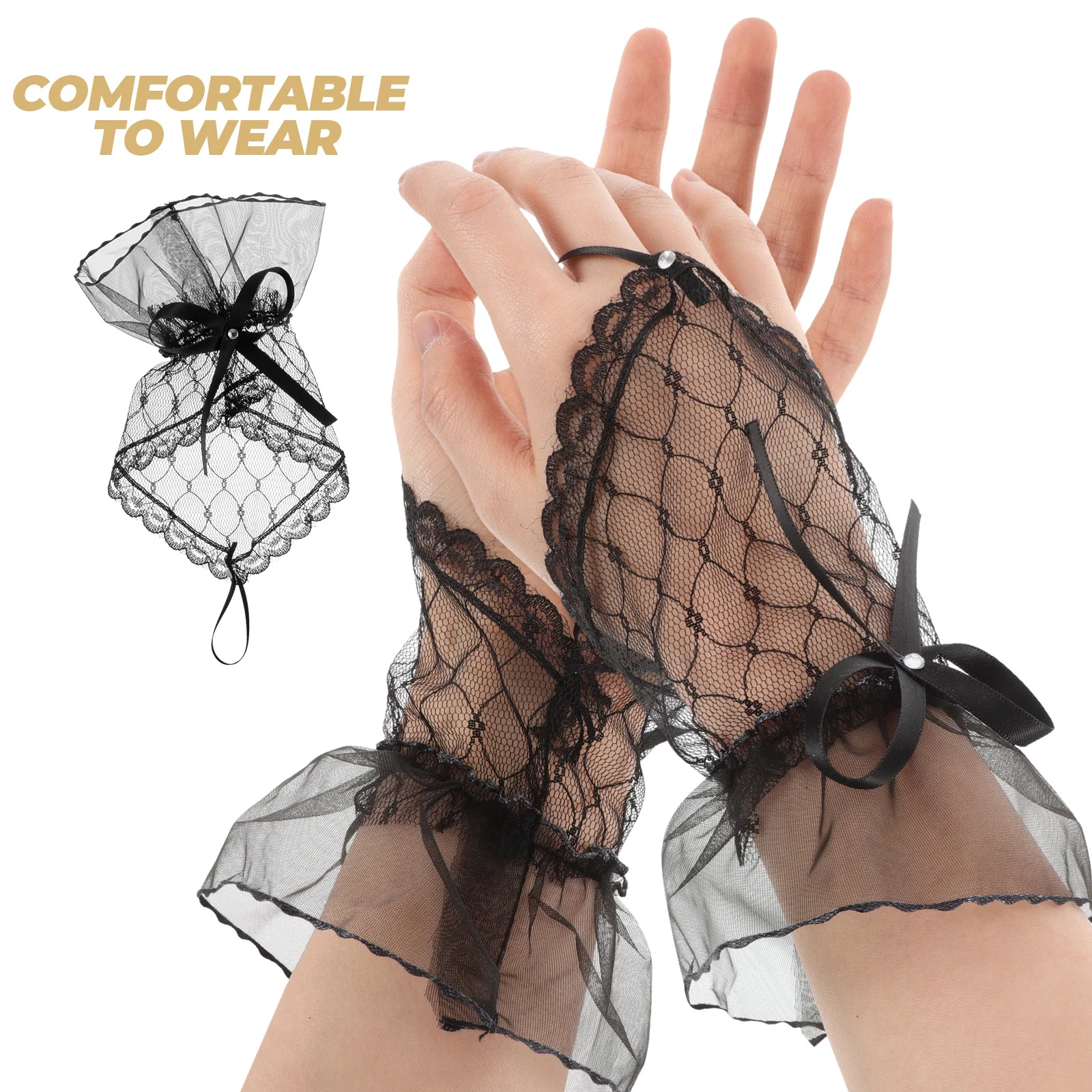Gants en dentelle sans doigts, 1 paire, manchettes de poignet avec nœud en maille, élégants pour les mariages, les fêtes de danse, accessoires Lolita pour fête de thé