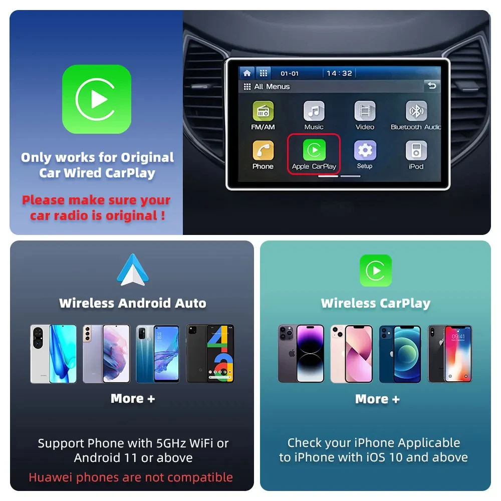 Ekiy อะแดปเตอร์ CarPlay ไร้สายใน2in1 & กล่อง donglewireless donglewireless CarPlay สำหรับรถยนต์ที่มีสาย CarPlay